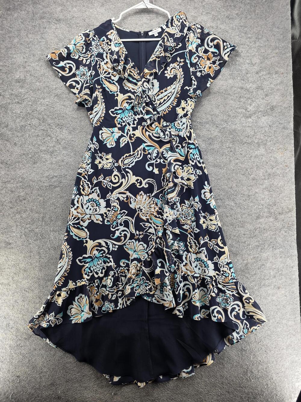 Chicos Dress Womens 8 Navy Blue Floral Paisley Wrap High Low Ruffle Hem